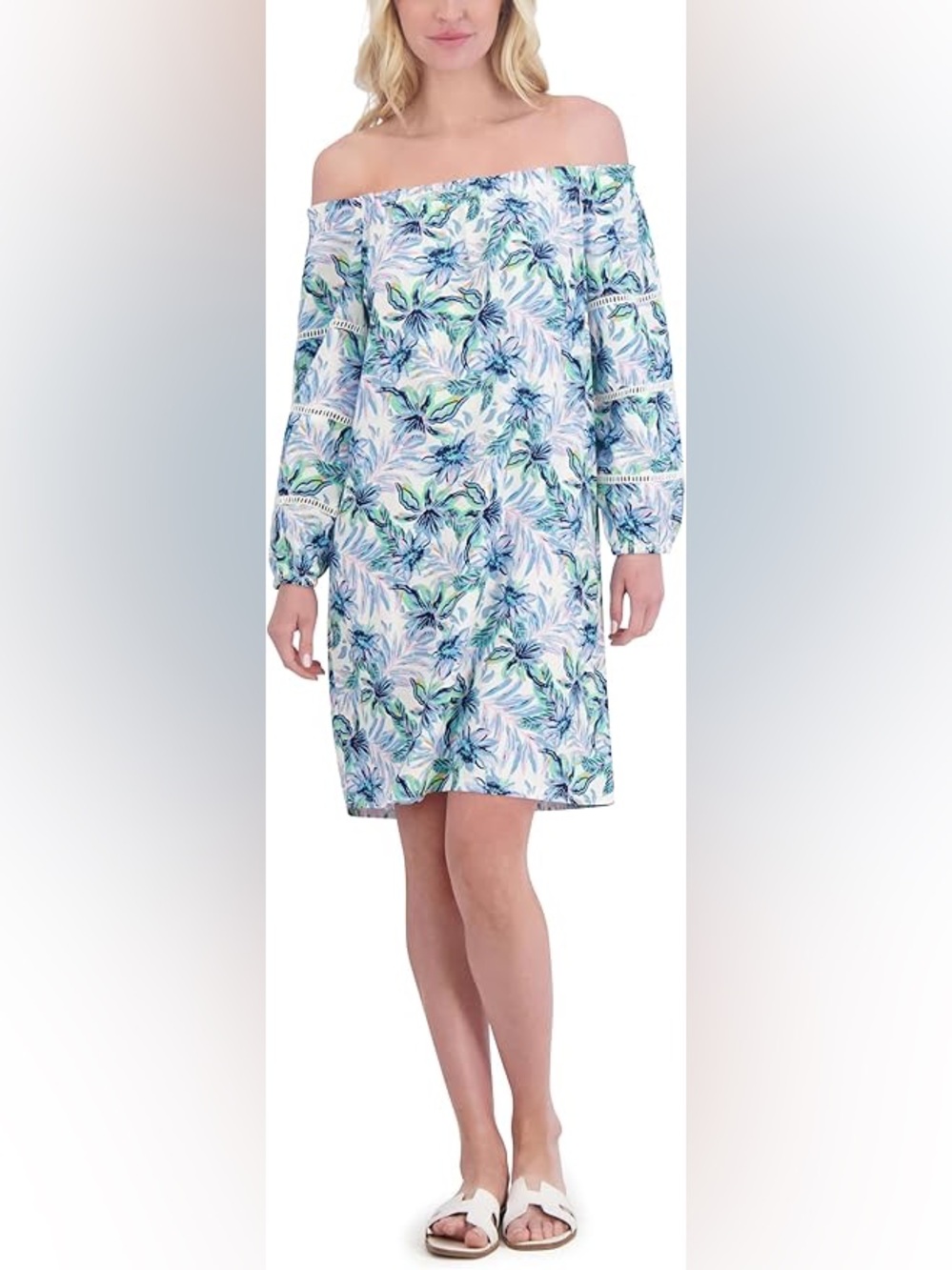 NWT Stella Parker Off-Shoulder Blue Tropical Print Midi Dress - XL